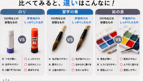 100均品と学習向けメーカー品の比較（のり・筆・絵の具）