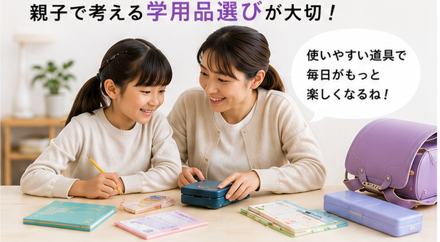 親子で学用品選びを考えている場面