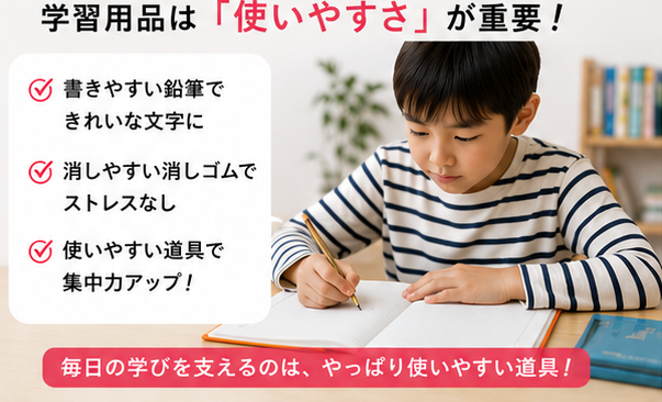 書きやすい鉛筆・消せる消しゴム・使いやすい道具が集中力アップにつながる