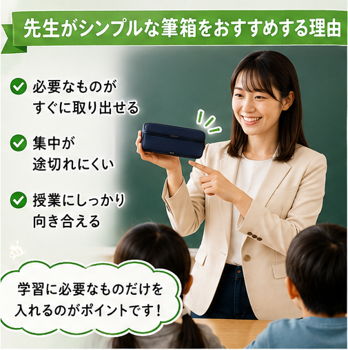 先生がシンプルな筆箱についてすすめている場面