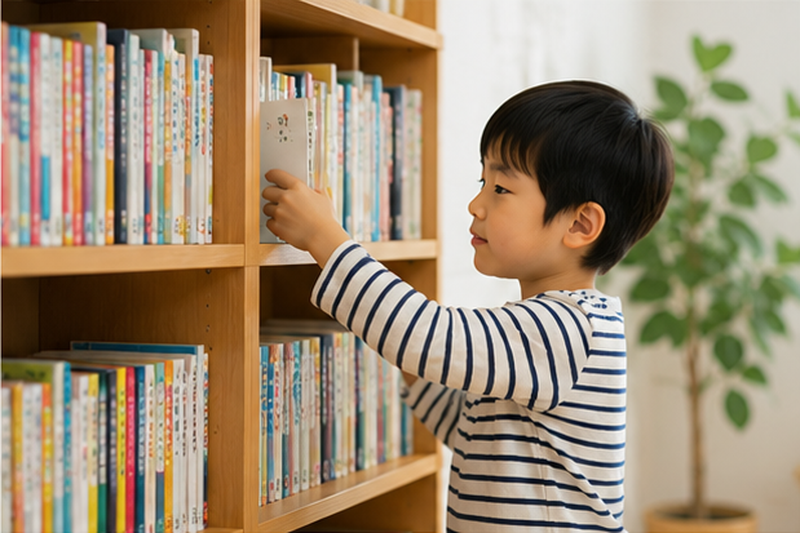 本棚から自分で本を選ぶ男の子