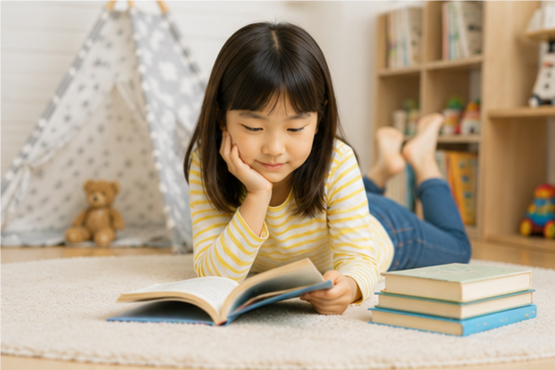 床で本を読む女の子