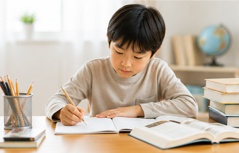 勉強する男の子と本