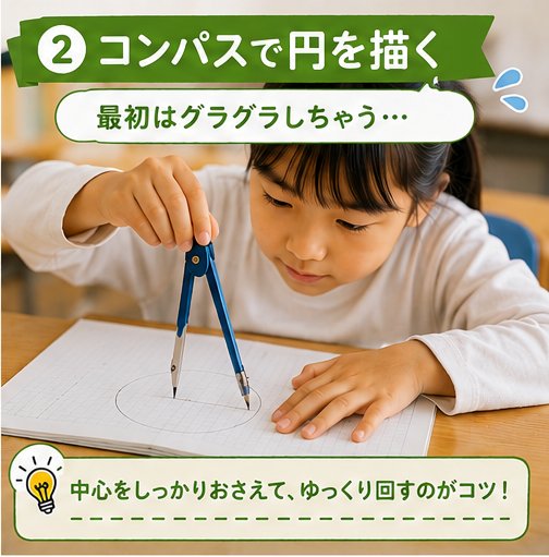 コンパスできれいな円を描いている子ども