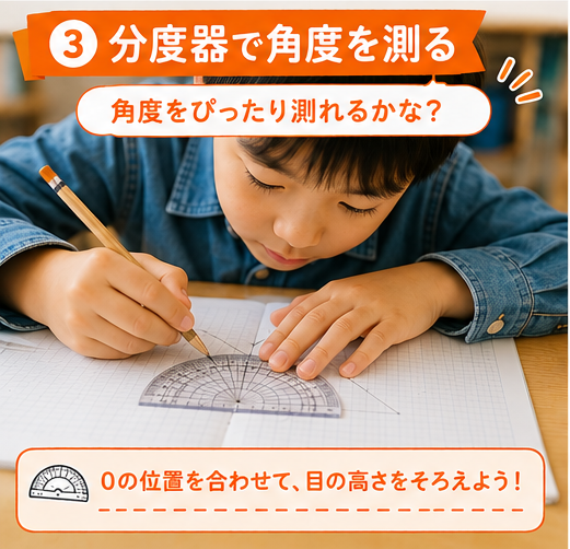 分度器で角度を測る子ども