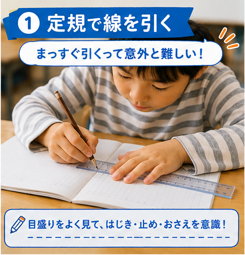 定規で丁寧に線を引く子ども