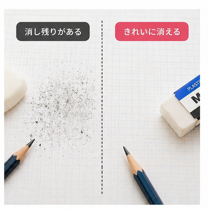 消し残りがある消しゴムと、きれいに消える消しゴムの比較