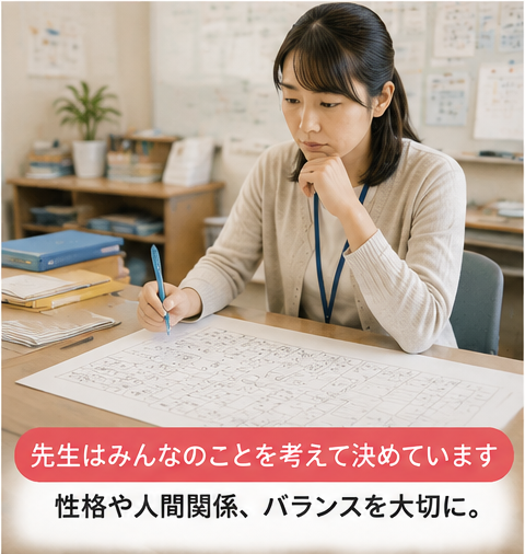 先生が座席表を丁寧に作成している場面