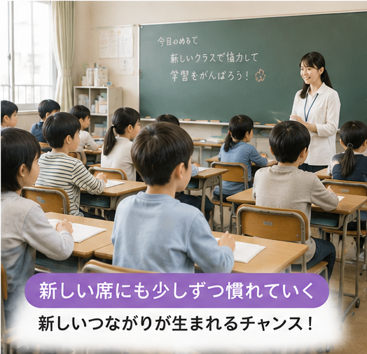 新しい席で授業を楽しむ子どもたちと先生