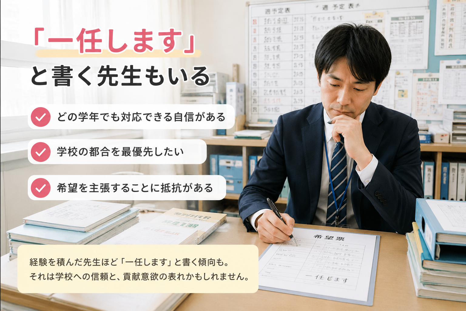 「一任します」と希望票に書く先生のイメージ