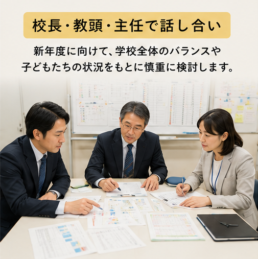 校長・教頭・主任が集まって新年度の担任について話し合っている場面