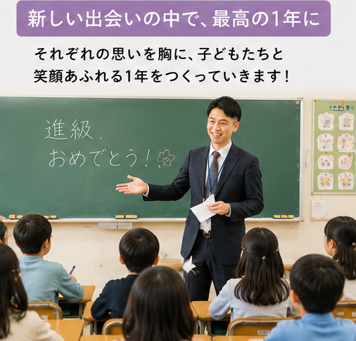 新しいクラスの子どもたちの前で笑顔で授業をする先生